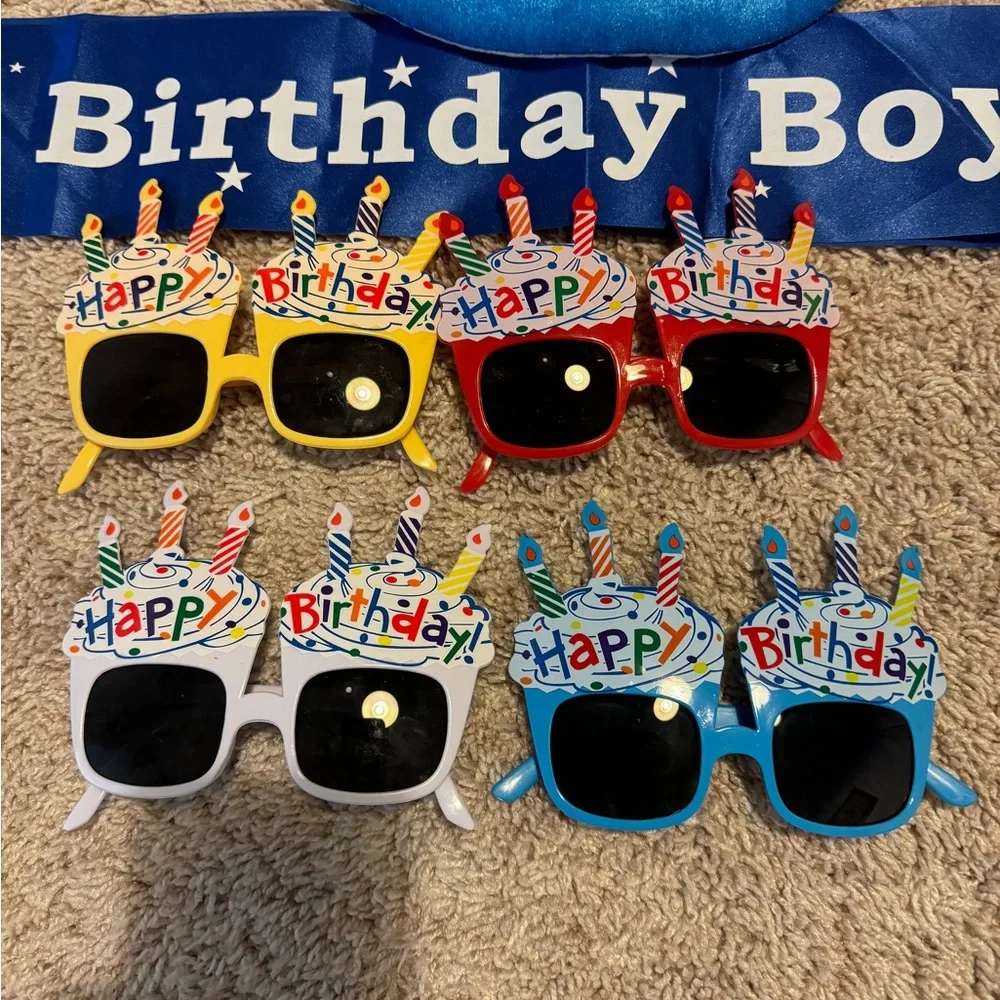 Boy Blue Plush Happy Birthday Cake Hat With 4 Glasses Fancy Dress Party Set